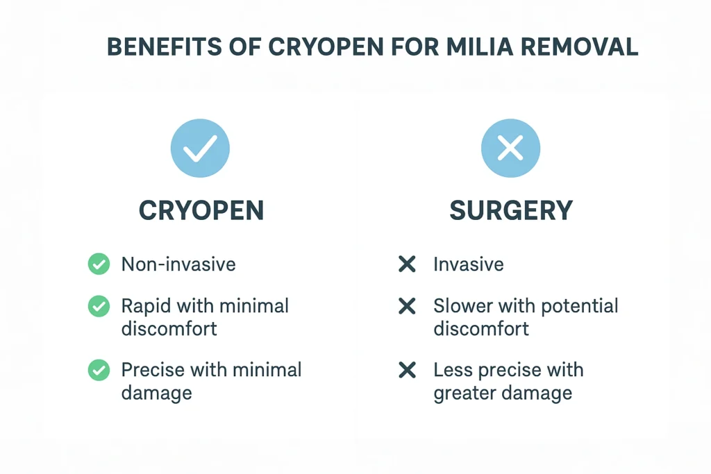 Benefits of cryopen for milia removal Solihull Lodge compared to surgical treatments.