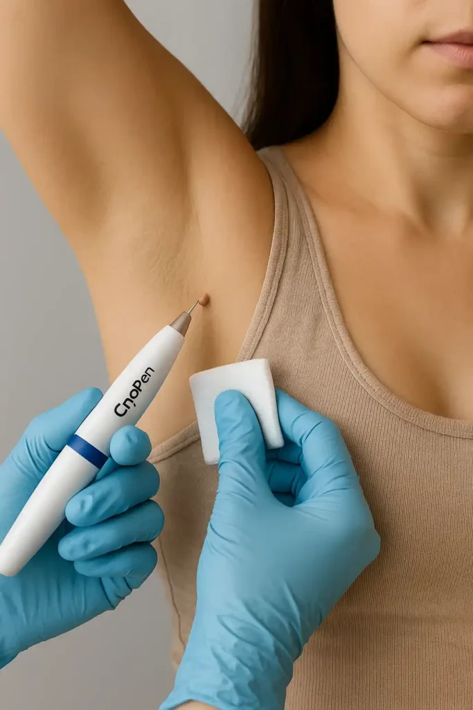 woman having cryopen to remove underarm skin tags Solihull Lodge
