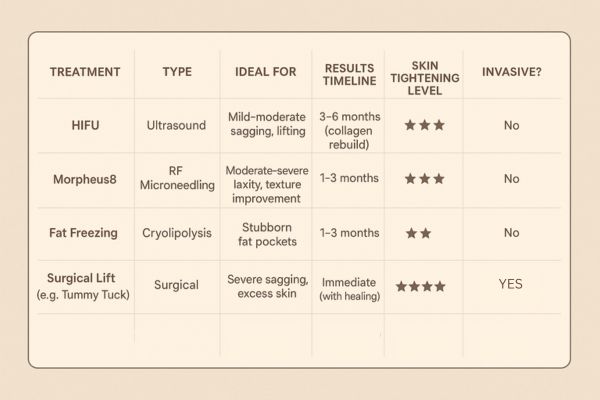 Table showing the comparisons of Skin tightening Solihull Lodge treatment options.